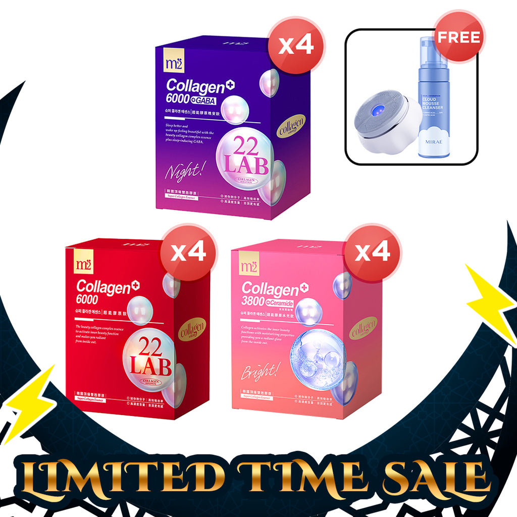 【Bundle Of 4】M2 22Lab Super Collagen Drink 8s (6000mg Drink 8s / Drink+GABA 8s / 3800 + Ceramide Drink 8s) + Mirae Cloud Smart Sonic Facial Cleansing Device + Cleansing Mousse 150ml