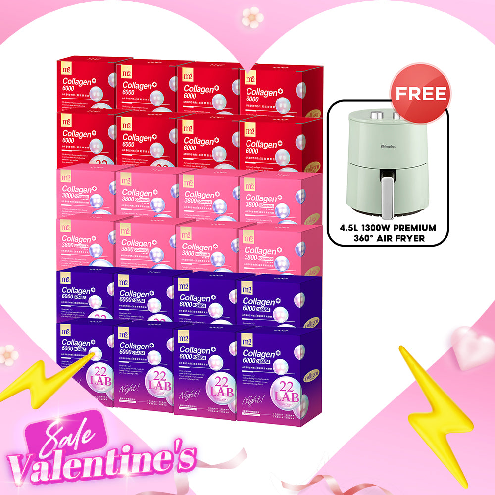 M2 22Lab Super Collagen Drink 8s x 8 Boxes + M2 22 Lab Super Collagen Night Drink + GABA 8s x 8 Boxes + M2 Super Collagen 3800 + Ceramide Drink 8s x 8 Boxes + FREE 4.5L 1300W Premium 360° Air Fryer