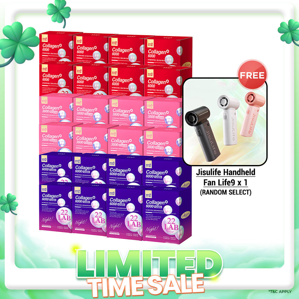 M2 22Lab Super Collagen Drink (6000mg 8s / Night + Gaba 8s / 3800+Ceramide 8s / 3800+Pearl Nest 8s) x 24 Boxes + Free Jisulife Handheld Fan Life9 x 1 (Random Select)