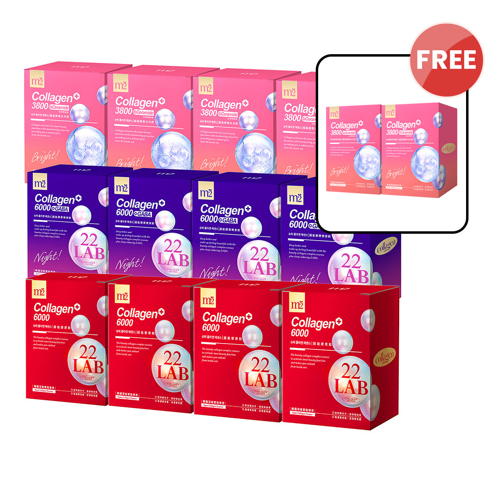 【Bundle of 12】M2 22Lab Super Collagen Drink (6000mg 8s / Night + Gaba 8s / 3800+Ceramide 8s / 3800+Pearl Nest 8s) x 12 Boxes + FREE 3800+Ceramide 8s x 2