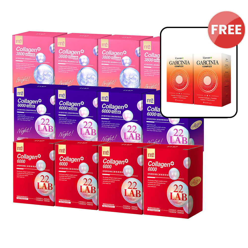 【Bundle of 12】M2 22Lab Super Collagen Drink (6000mg 8s / Night + Gaba 8s / 3800+Ceramide 8s / 3800+Pearl Nest 8s) x 12 Boxes + FREE Ujuwon Garcinia Complex 30s x 2