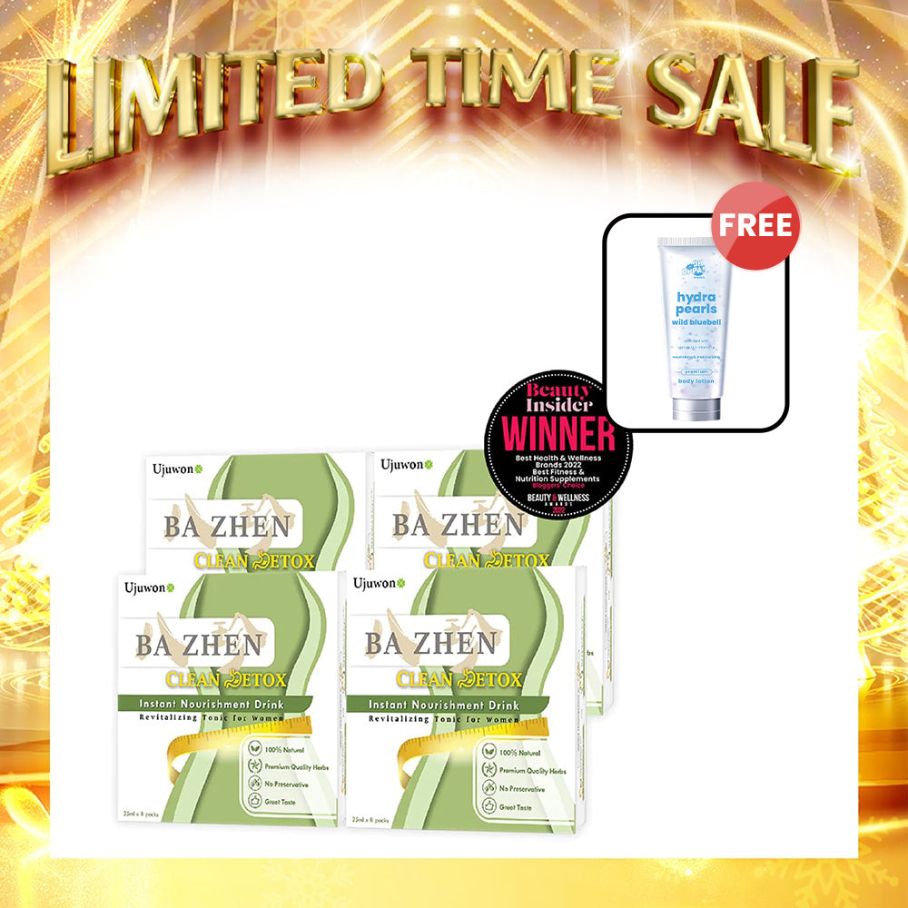 【Bundle of 4】Ujuwon Ba Zhen Clean Detox Instant Nourishment Drink 8s x 4 Boxes + Free Oh Oppa Hydra Pearl Wild Bluebell Premium Body Lotion 150g x1