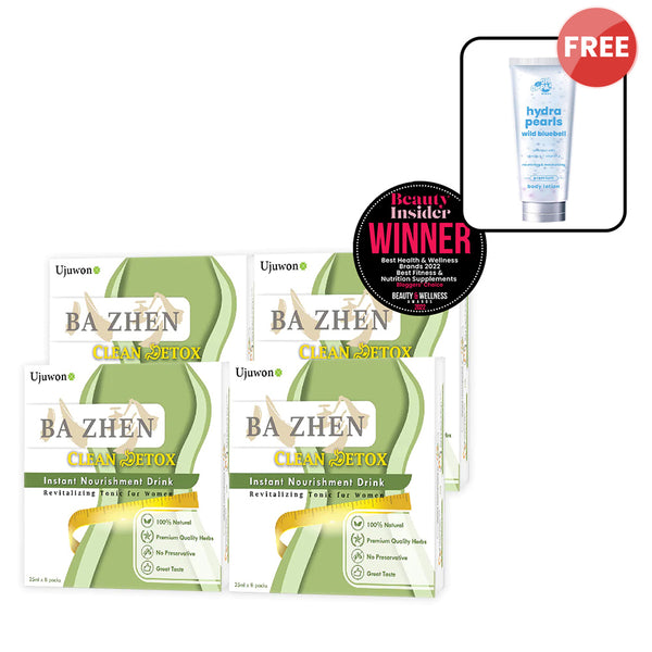 【Bundle of 4】Ujuwon Ba Zhen Clean Detox Instant Nourishment Drink 8s x 4 Boxes + Free Oh Oppa Hydra Pearl Wild Bluebell Premium Body Lotion 150g x1