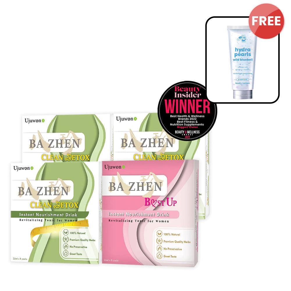 【Bundle of 4】Ujuwon Ba Zhen B.ust Up Instant Nourishment Drink 8s x 1 Box + Clean Detox Instant Nourishment Drink 8s x 3 Boxes + Free Oh Oppa Hydra Pearl Wild Bluebell Premium Body Lotion 150g x1