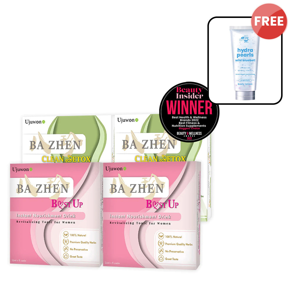 【Bundle of 4】Ujuwon Ba Zhen B.ust Up Instant Nourishment Drink 8s x 2 Boxes + Clean Detox Instant Nourishment Drink 8s x 2 Boxes + Free Oh Oppa Hydra Pearl Wild Bluebell Premium Body Lotion 150g x1