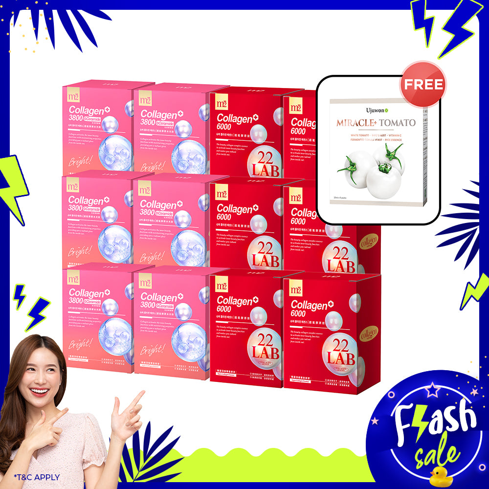 【Mother's Day Flash Sale】M2 22Lab Super Collagen Drink 8s x 6 Boxes + M2 Super Collagen 3800 + Ceramide Drink 8s x 6 Boxes + Free Ujuwon Miracle+ Tomato Skin Booster x 1 Box