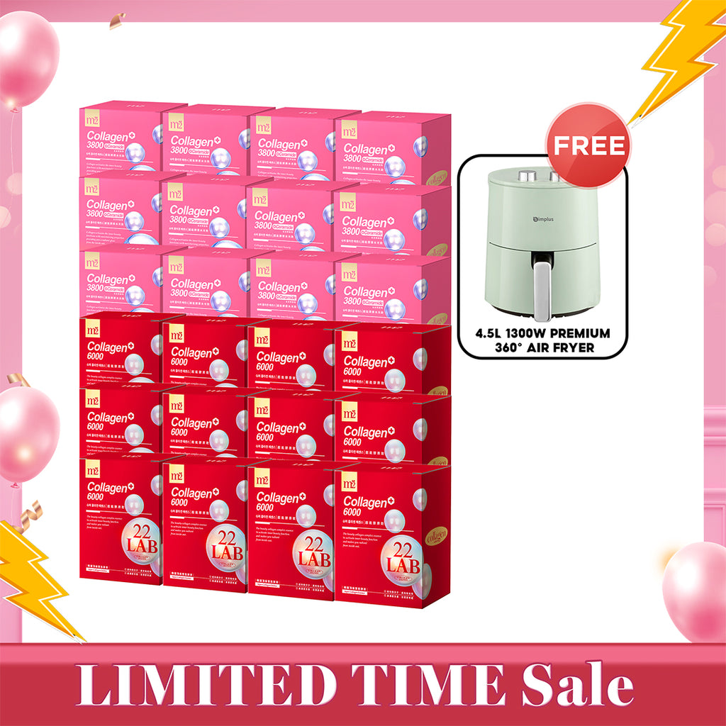 M2 22Lab Super Collagen Drink 8s x 12 Boxes + M2 Super Collagen 3800 + Ceramide Drink 8s x 12 Boxes + FREE 4.5L 1300W Premium 360° Air Fryer