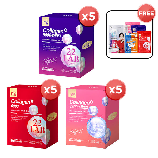 【Bundle of 5】M2 22Lab Super Collagen Drink 8s (6000mg Drink 8s / Drink+GABA 8s / 3800 + Ceramide Drink 8s) x 5 Boxes + FREE Collagen Drink Trial Set 3s/set + FREE M2 Slim+  Booster EX x 6 tablets + Firm ABS EX x 6 tablets