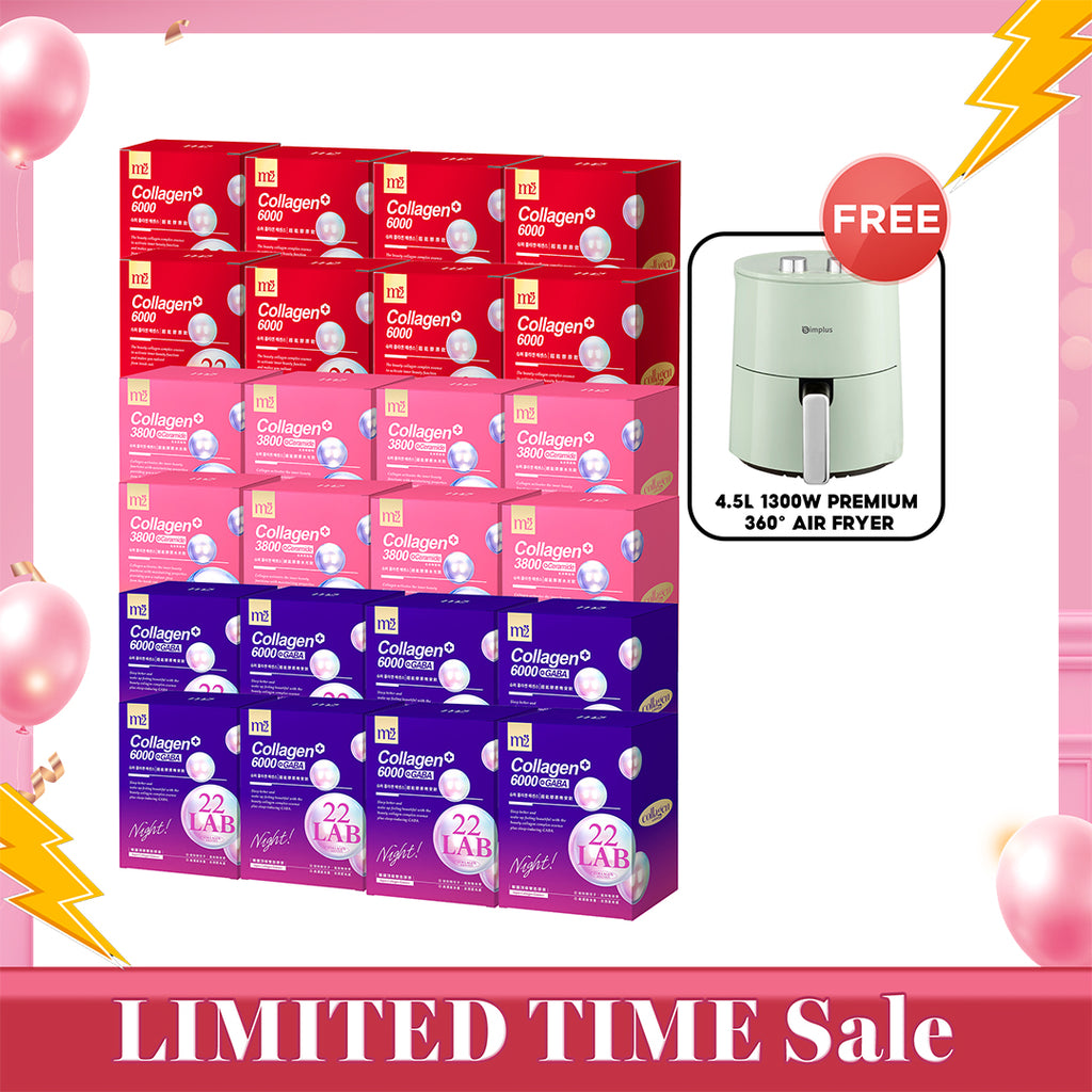 M2 22Lab Super Collagen Drink 8s x 8 Boxes + M2 22 Lab Super Collagen Night Drink + GABA 8s x 8 Boxes + M2 Super Collagen 3800 + Ceramide Drink 8s x 8 Boxes + FREE 4.5L 1300W Premium 360° Air Fryer