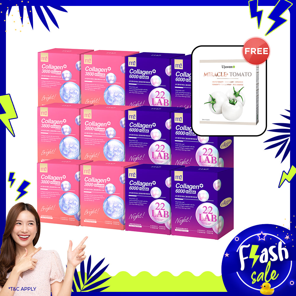【Mother's Day Flash Sale】M2 22LAB Super Collagen Night Drink + GABA 8s x 6 Boxes + M2 Super Collagen 3800 + Ceramide Drink 8s x 6 Boxes + Free Ujuwon Miracle+ Tomato Skin Booster x 1 Box