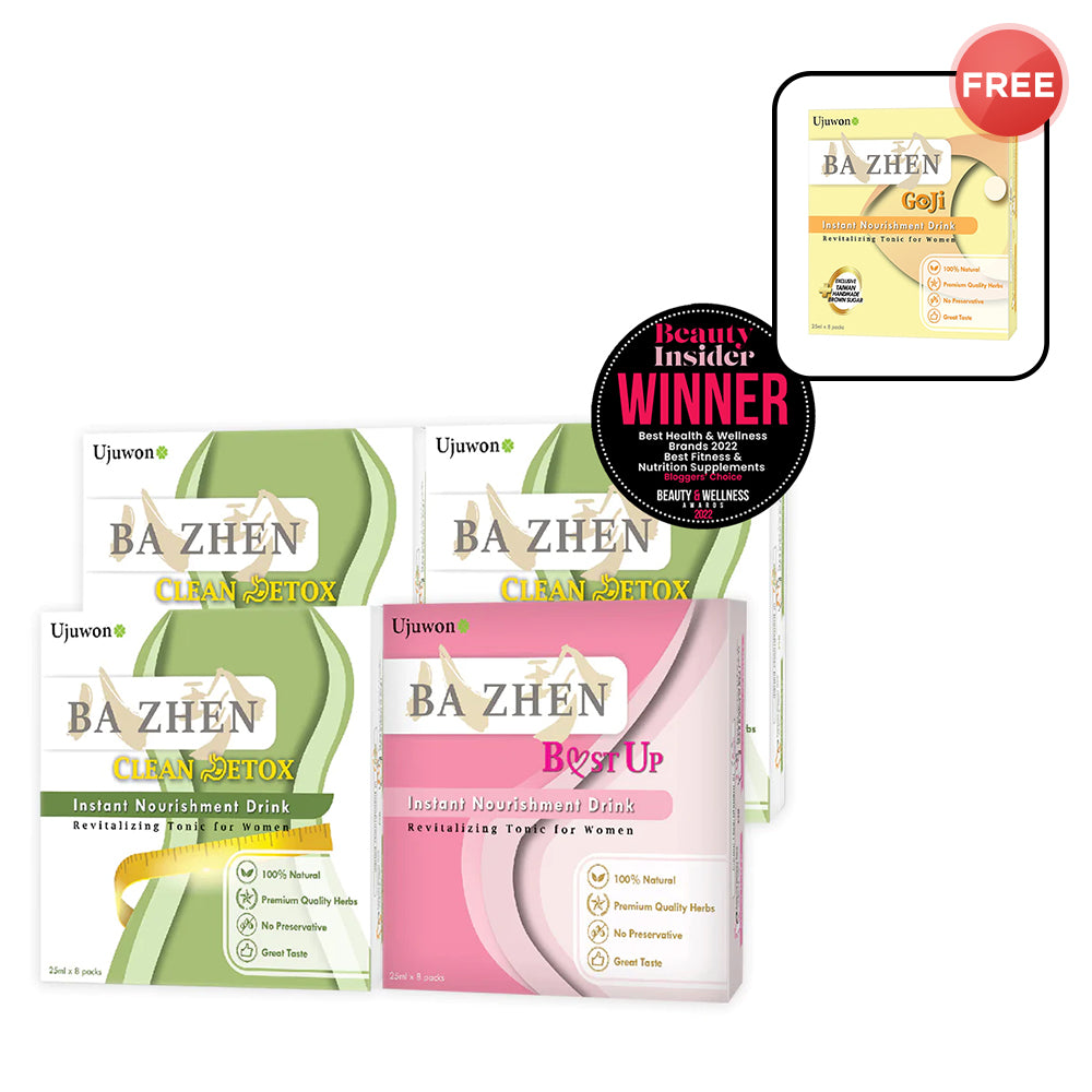 【Bundle of 4】Ujuwon Ba Zhen B.ust Up Instant Nourishment Drink 8s x 1 Box + Clean Detox Instant Nourishment Drink 8s x 3 Boxes + Free Ba Zhen Goji Instant Nourishment Drink 8s x 1 Boxes