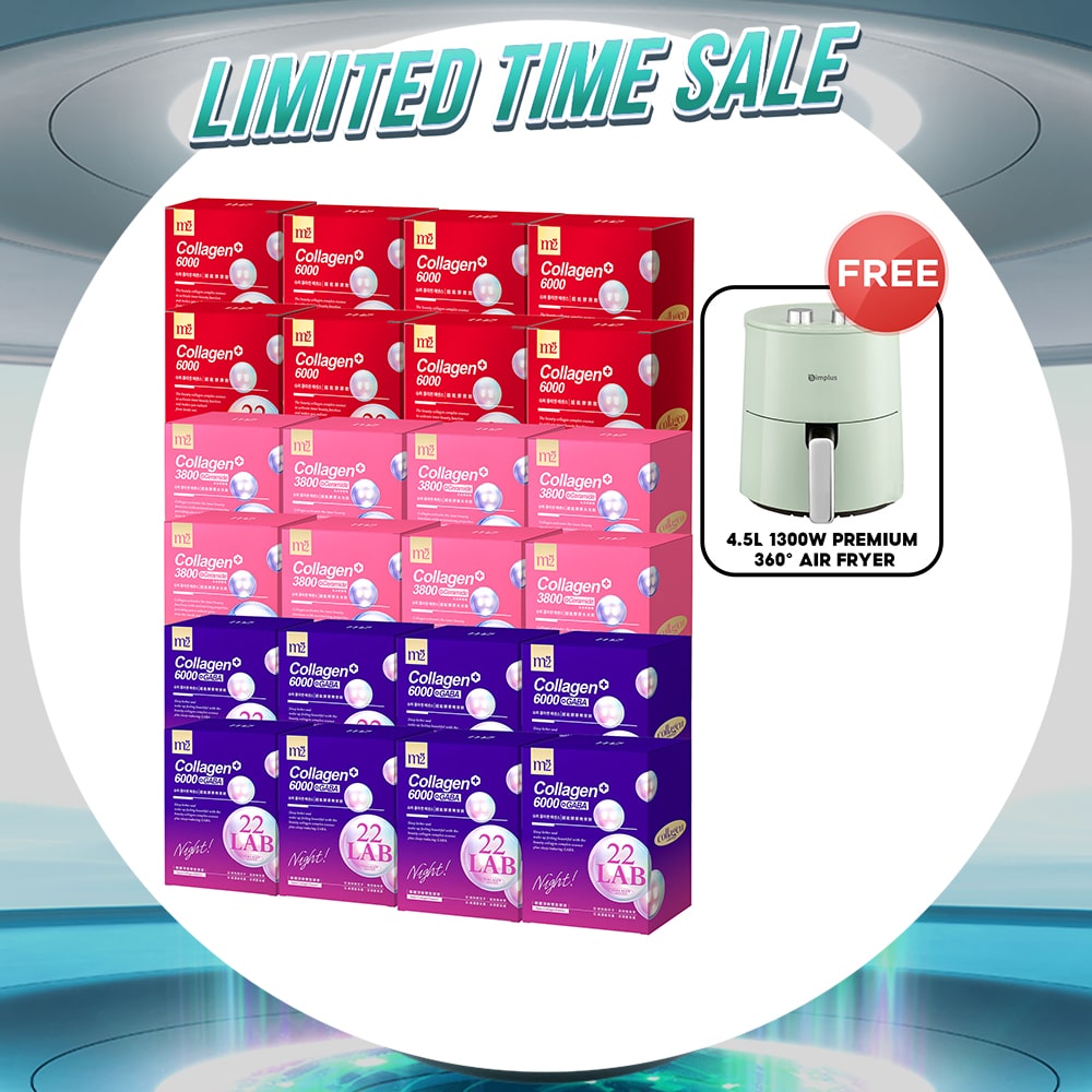 M2 22Lab Super Collagen Drink (6000mg 8s / Night + Gaba 8s / 3800+Ceramide 8s / 3800+Pearl Nest 8s) x 24 Boxes + FREE 4.5L 1300W Premium 360° Air Fryer × 1