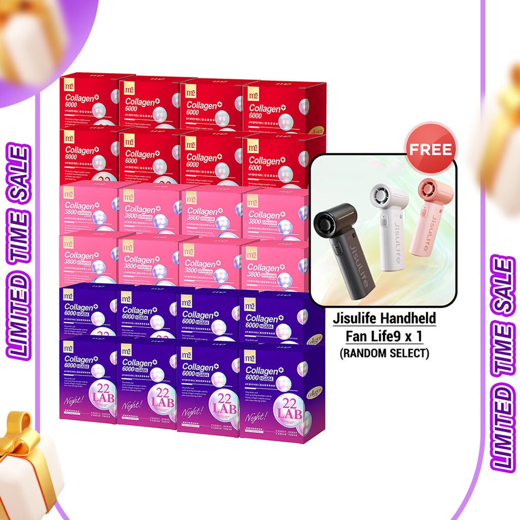 【Flash Sale】M2 22Lab Super Collagen Drink 8s x 8 Boxes + M2 22 Lab Super Collagen Night Drink + GABA 8s x 8 Boxes + M2 Super Collagen 3800 + Ceramide Drink 8s x 8 Boxes + Free Jisulife Handheld Fan Life9 x 1 ( Random Select )