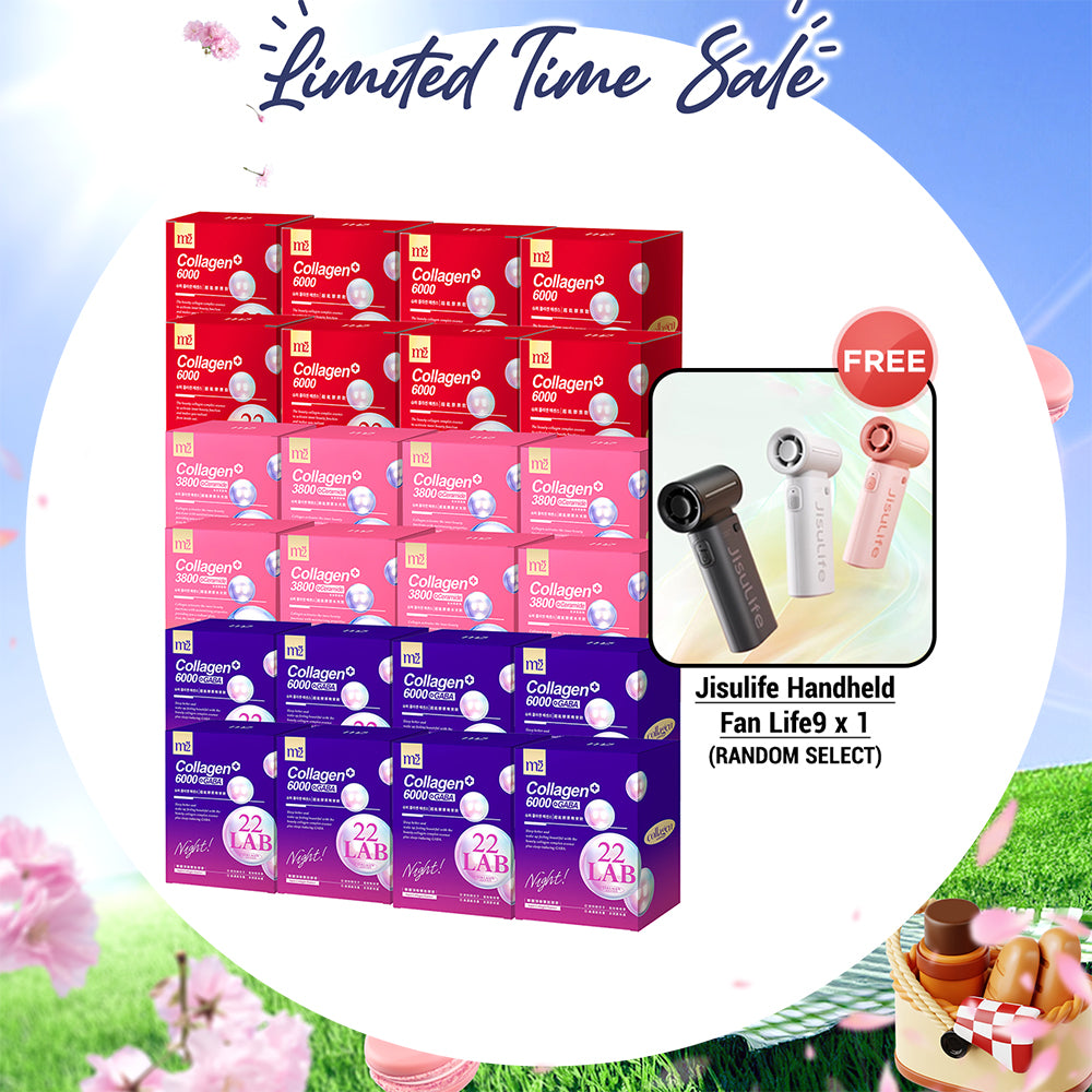 【Flash Sale】M2 22Lab Super Collagen Drink 8s x 8 Boxes + M2 22 Lab Super Collagen Night Drink + GABA 8s x 8 Boxes + M2 Super Collagen 3800 + Ceramide Drink 8s x 8 Boxes + Free Jisulife Handheld Fan Life9 x 1 ( Random Select )