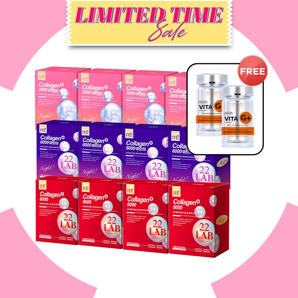 M2 22Lab Super Collagen Drink (6000mg 8s / Night + Gaba 8s / 3800+Ceramide 8s / 3800+Pearl Nest 8s) x 12 Boxes + FREE Wonderfit Vita G+ 30s x 2