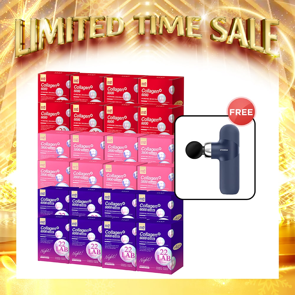 【Bundle of 24】M2 22Lab Super Collagen Drink (6000mg 8s / Night + Gaba 8s / 3800+Ceramide 8s / 3800+Pearl Nest 8s) x 24 Boxes + Free Hyundai PMS-019 Mini Massage Gun
