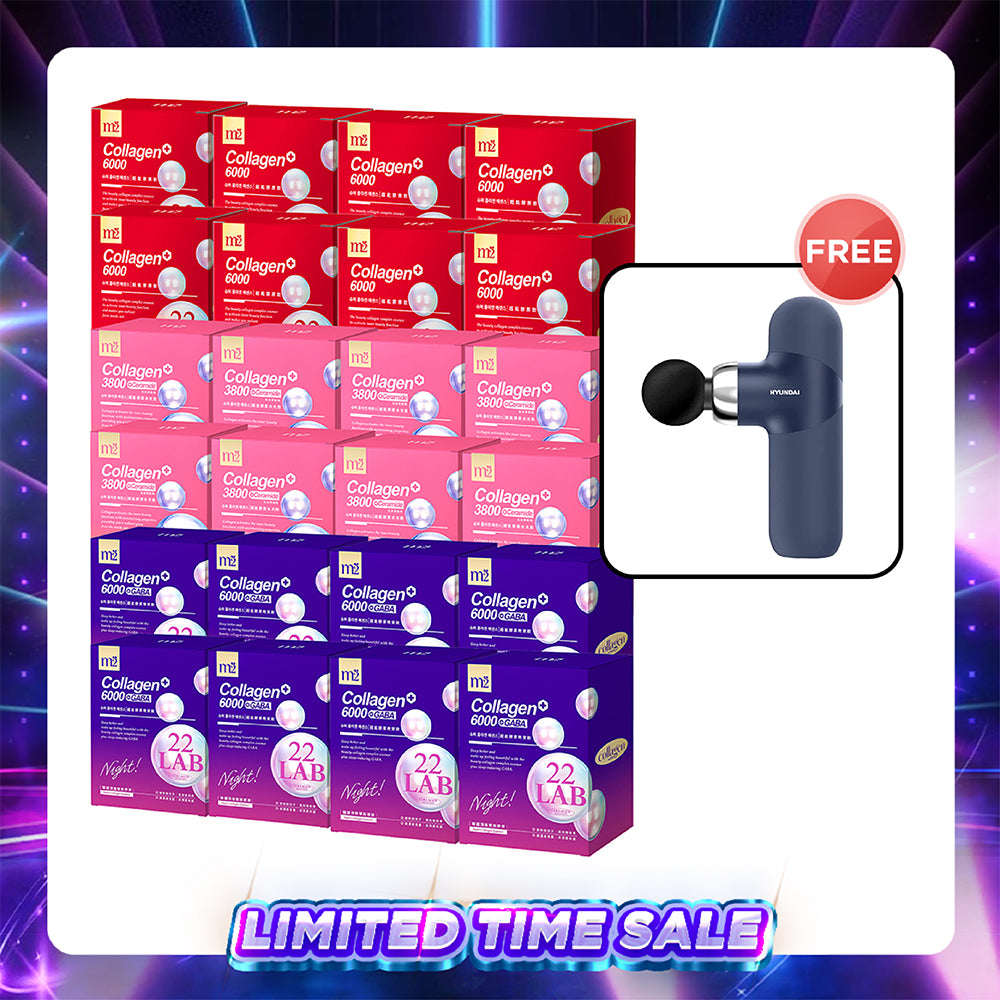 【Bundle of 24】M2 22Lab Super Collagen Drink (6000mg 8s / Night + Gaba 8s / 3800+Ceramide 8s / 3800+Pearl Nest 8s) x 24 Boxes + Free Hyundai PMS-019 Mini Massage Gun