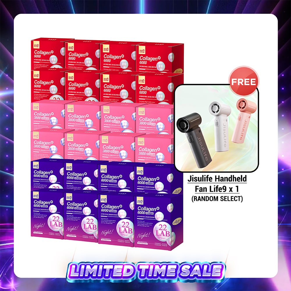 【Bundle of 24】M2 22Lab Super Collagen Drink (6000mg 8s / Night + Gaba 8s / 3800+Ceramide 8s / 3800+Pearl Nest 8s) x 24 Boxes + Free Jisulife Handheld Fan Life9 x 1 (Random Select)