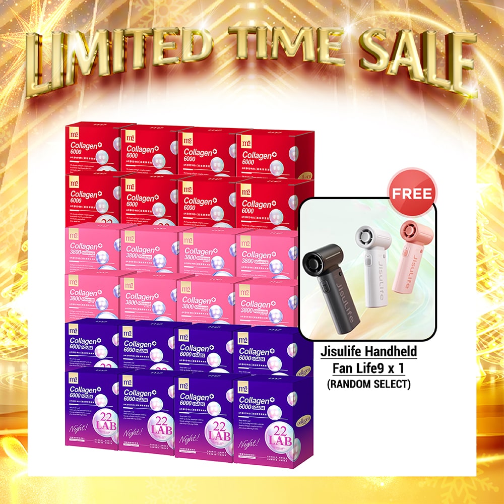 【Bundle of 24】M2 22Lab Super Collagen Drink (6000mg 8s / Night + Gaba 8s / 3800+Ceramide 8s / 3800+Pearl Nest 8s) x 24 Boxes + Free Jisulife Handheld Fan Life9 x 1 (Random Select)
