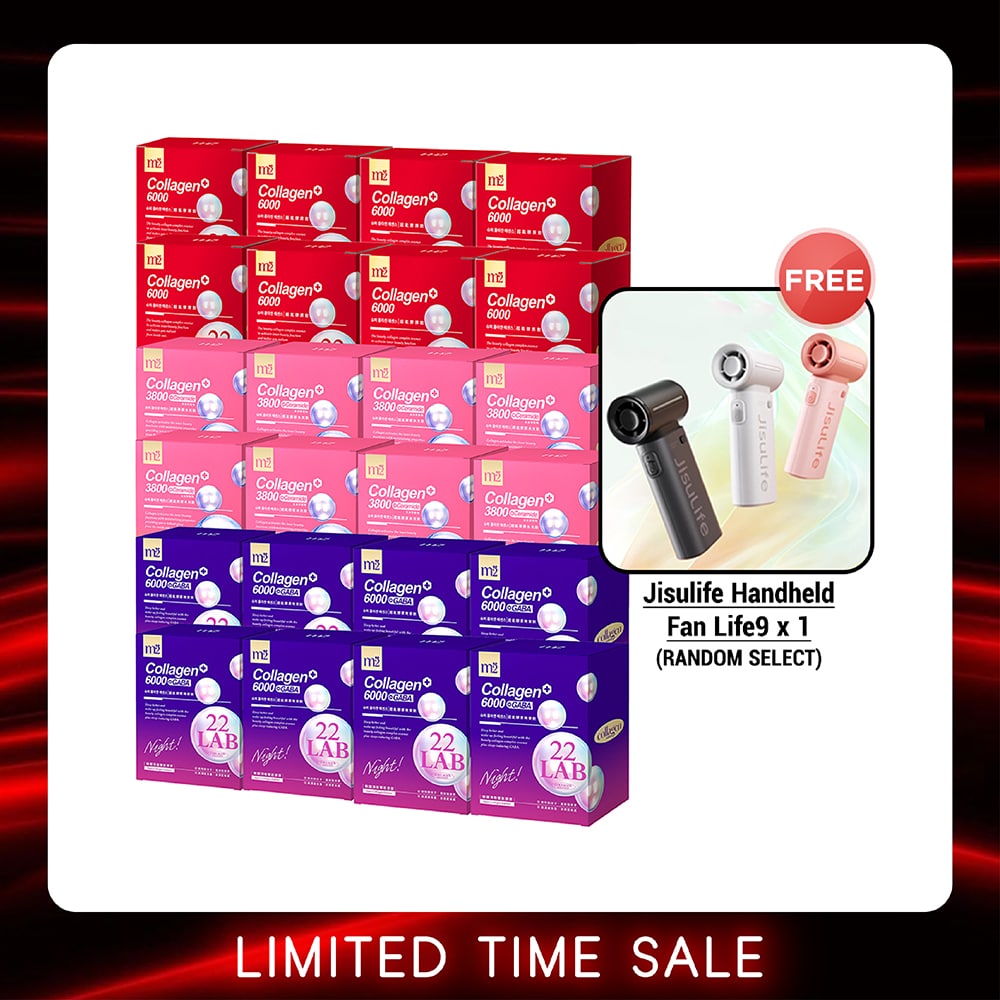 【Bundle of 24】M2 22Lab Super Collagen Drink (6000mg 8s / Night + Gaba 8s / 3800+Ceramide 8s / 3800+Pearl Nest 8s) x 24 Boxes + Free Jisulife Handheld Fan Life9 x 1 (Random Select)