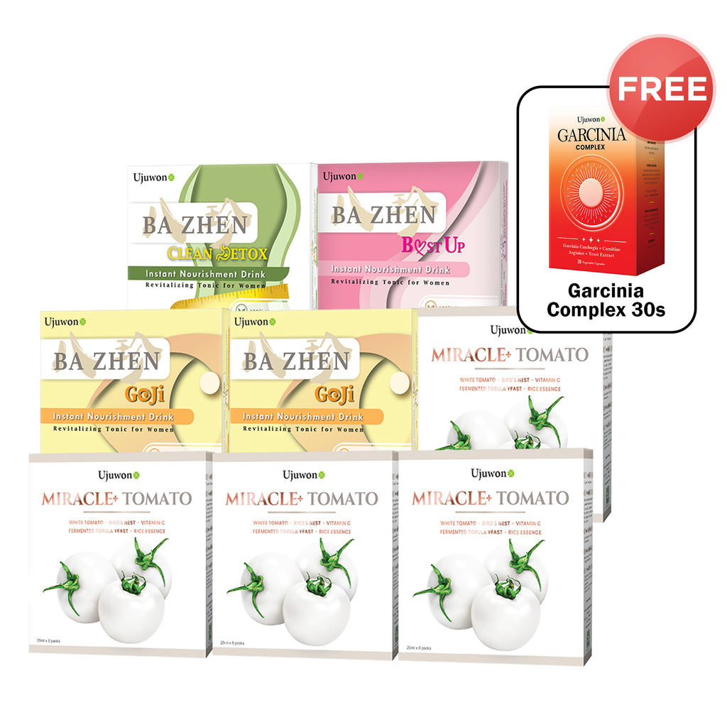 【Bundle of 8】Ujuwon Miracle+ Tomato Skin Booster 8s x 4 Boxes + B.ust Up Instant Nourishment Drink 8s + Clean Detox Instant Nourishment Drink 8s + Goji Instant Nourishment Drink 8s x 2 Boxes + Free Garcinia Complex 30s