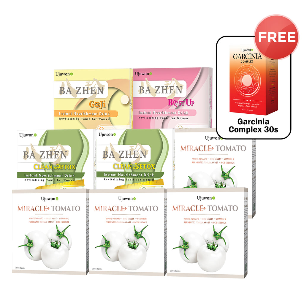 【Bundle of 8】Ujuwon Miracle+ Tomato Skin Booster 8s x 4 Boxes + B.ust Up Instant Nourishment Drink 8s + Clean Detox Instant Nourishment Drink 8s x 2 Boxes+ Goji Instant Nourishment Drink 8s + Free Garcinia Complex 30s