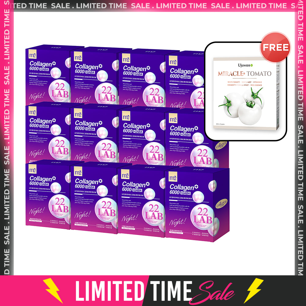 【Flash Sale】M2 22LAB Super Collagen Night Drink + GABA 8s x 12 Boxes + Free Ujuwon Miracle+ Tomato Skin Booster x 1 Box