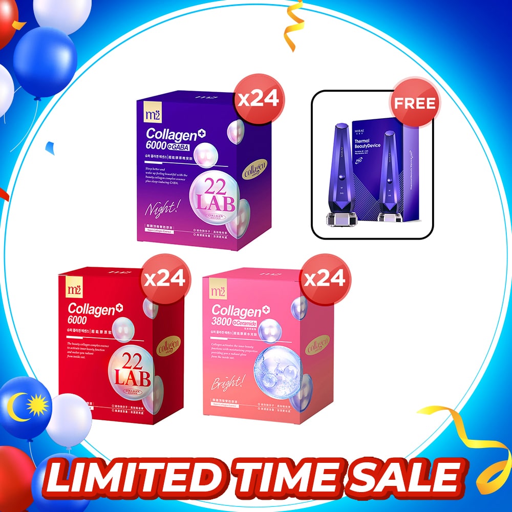 M2 22Lab Super Collagen Drink (6000mg 8s / Night + Gaba 8s / 3800+Ceramide 8s / 3800+Pearl Nest 8s) x 24 Boxes + Free Mirae Thermal Beauty Device Pro × 1