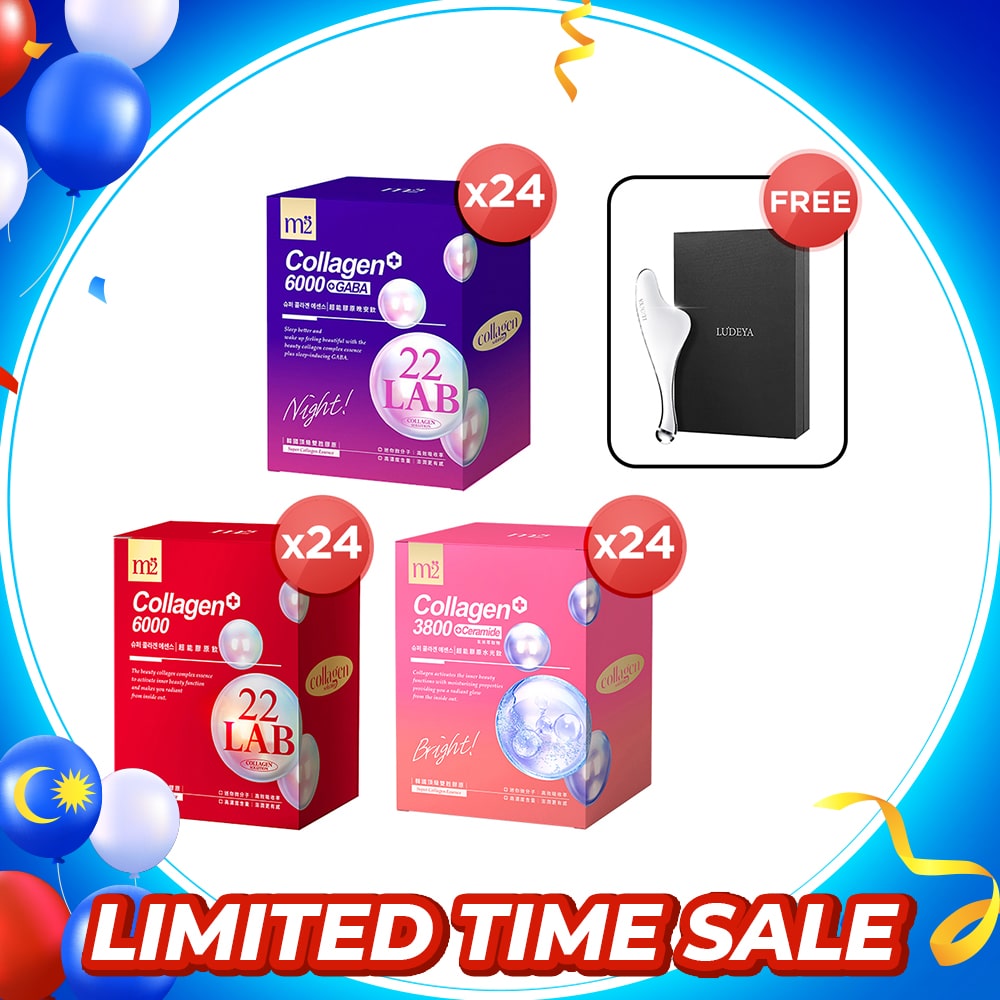 M2 22Lab Super Collagen Drink (6000mg 8s / Night + Gaba 8s / 3800+Ceramide 8s / 3800+Pearl Nest 8s) x 24 Boxes + Free Ludeya Microcurrent Lifting Massaging Poller × 1