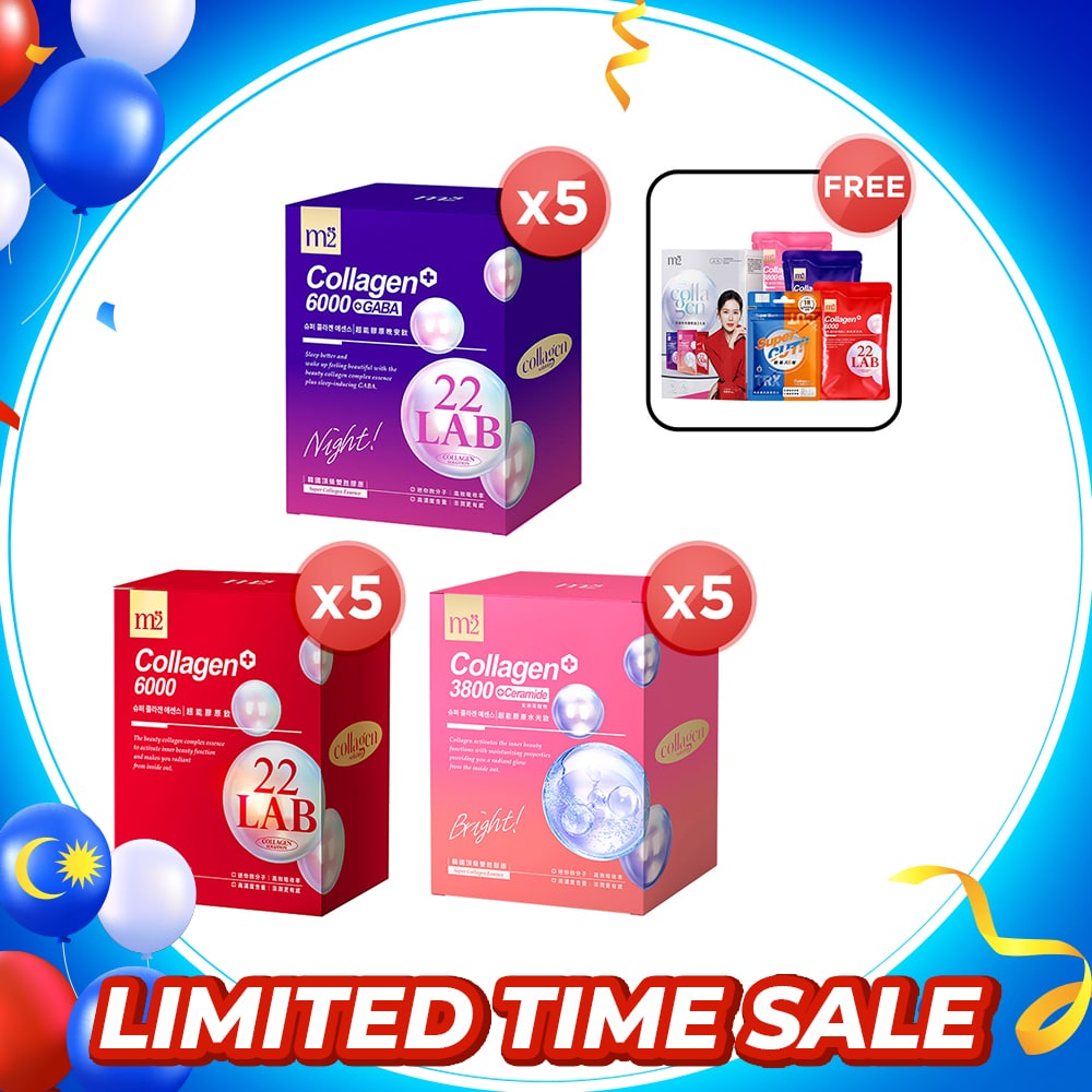 【Bundle Of 5】M2 22Lab Super Collagen Drink 8s (6000mg Drink 8s / Drink+GABA 8s / 3800 + Ceramide Drink 8s / 3800 +Pearl Nest 8s) + FREE M2 Slim+ Booster EX x 6 tablets + Firm ABS EX x 6 tablets + FREE Collagen Drink Trial Set