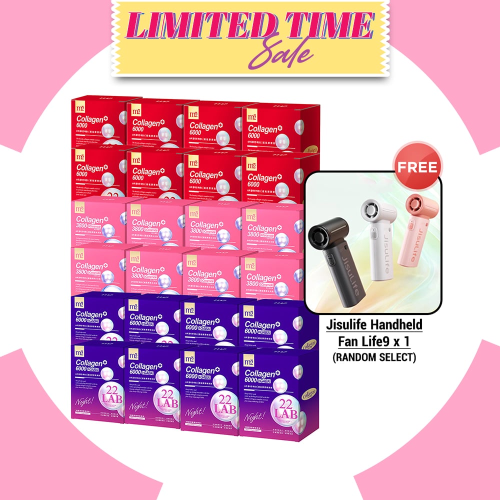 M2 22Lab Super Collagen Drink (6000mg 8s / Night + Gaba 8s / 3800+Ceramide 8s / 3800+Pearl Nest 8s) x 24 Boxes + Free Jisulife Handheld Fan Life9 x 1 (Random Select)