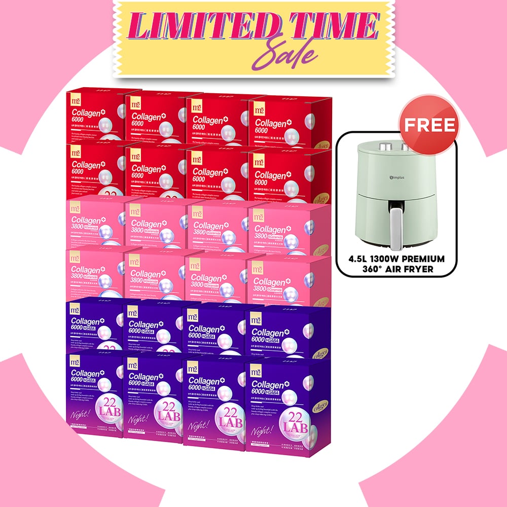 M2 22Lab Super Collagen Drink (6000mg 8s / Night + Gaba 8s / 3800+Ceramide 8s / 3800+Pearl Nest 8s) x 24 Boxes + FREE 4.5L 1300W Premium 360° Air Fryer × 1