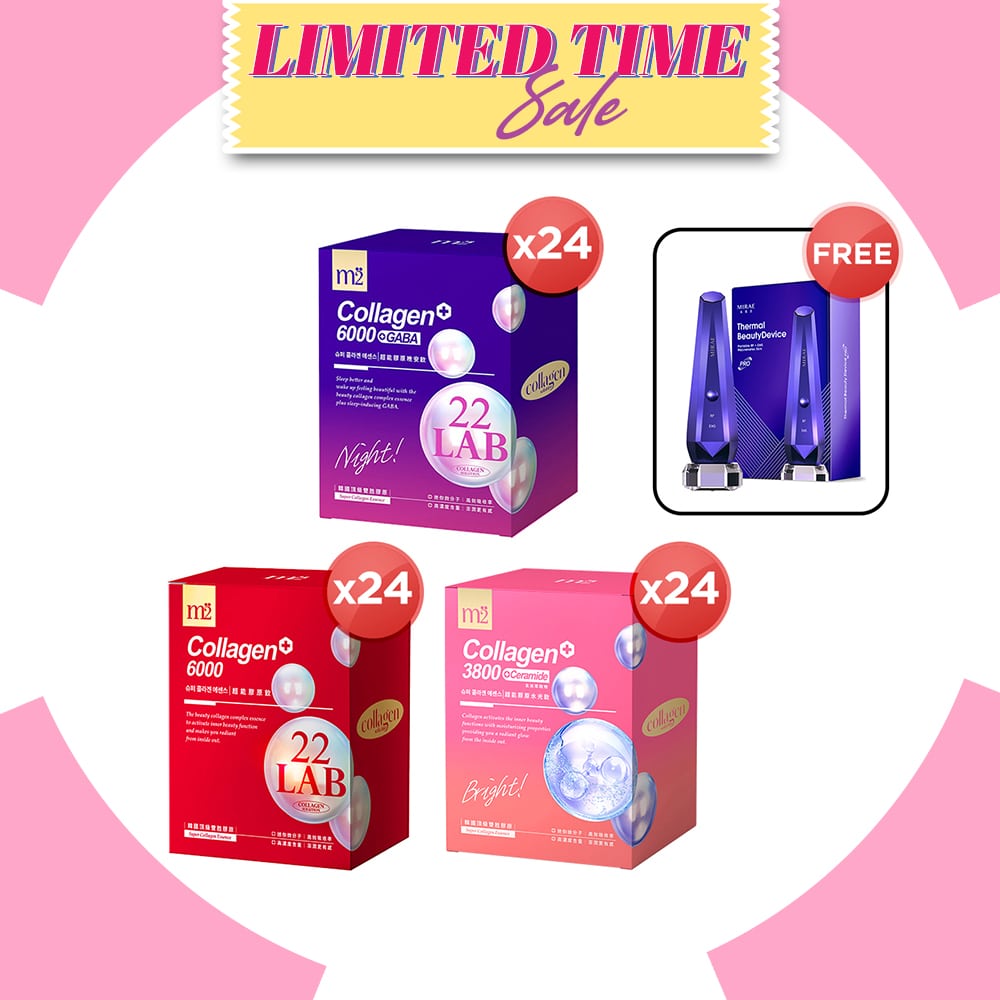 M2 22Lab Super Collagen Drink (6000mg 8s / Night + Gaba 8s / 3800+Ceramide 8s / 3800+Pearl Nest 8s) x 24 Boxes + Free Mirae Thermal Beauty Device Pro × 1