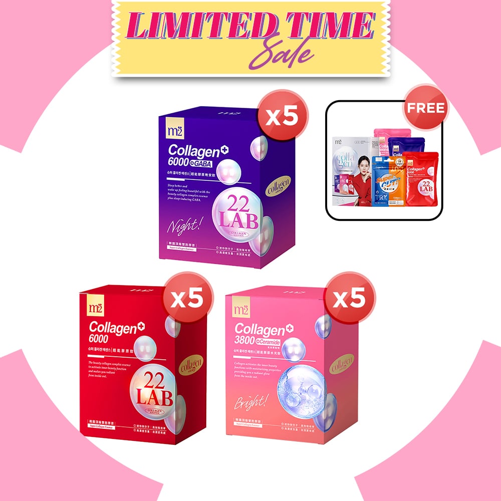【Bundle Of 5】M2 22Lab Super Collagen Drink 8s (6000mg Drink 8s / Drink+GABA 8s / 3800 + Ceramide Drink 8s / 3800 +Pearl Nest 8s) + FREE M2 Slim+ Booster EX x 6 tablets + Firm ABS EX x 6 tablets + FREE Collagen Drink Trial Set
