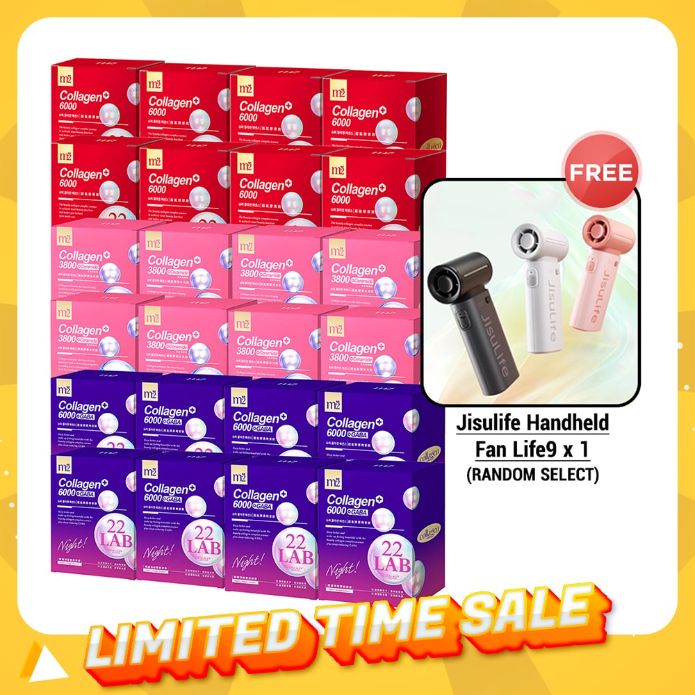 M2 22Lab Super Collagen Drink (6000mg 8s / Night + Gaba 8s / 3800+Ceramide 8s / 3800+Pearl Nest 8s) x 24 Boxes + Free Jisulife Handheld Fan Life9 x 1 (Random Select)