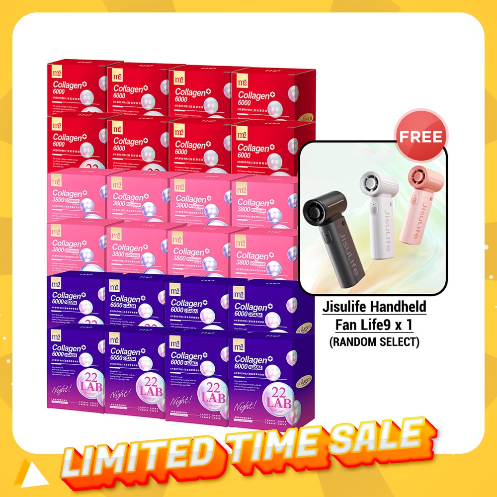 【Bundle of 24】M2 22Lab Super Collagen Drink (6000mg 8s / Night + Gaba 8s / 3800+Ceramide 8s / 3800+Pearl Nest 8s) x 24 Boxes + Free Jisulife Handheld Fan Life9 x 1 (Random Select)