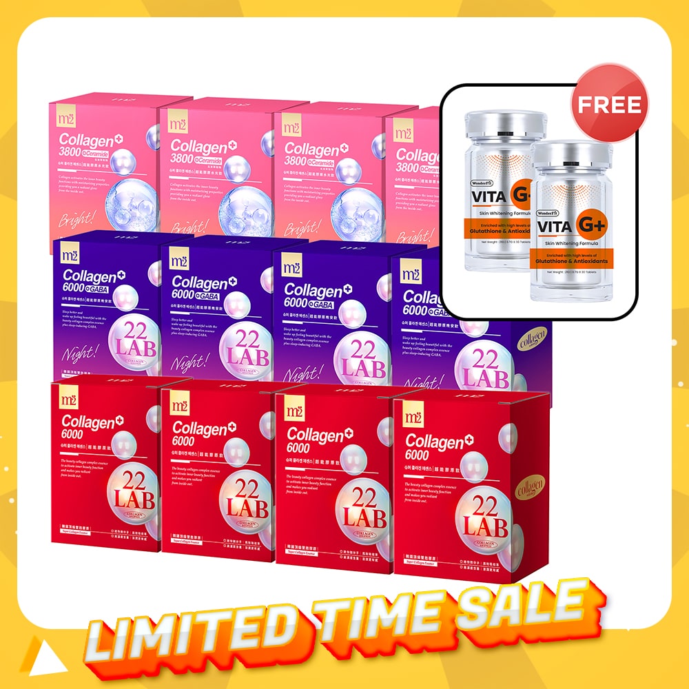 M2 22Lab Super Collagen Drink (6000mg 8s / Night + Gaba 8s / 3800+Ceramide 8s / 3800+Pearl Nest 8s) x 12 Boxes + FREE Wonderfit Vita G+ 30s x 2