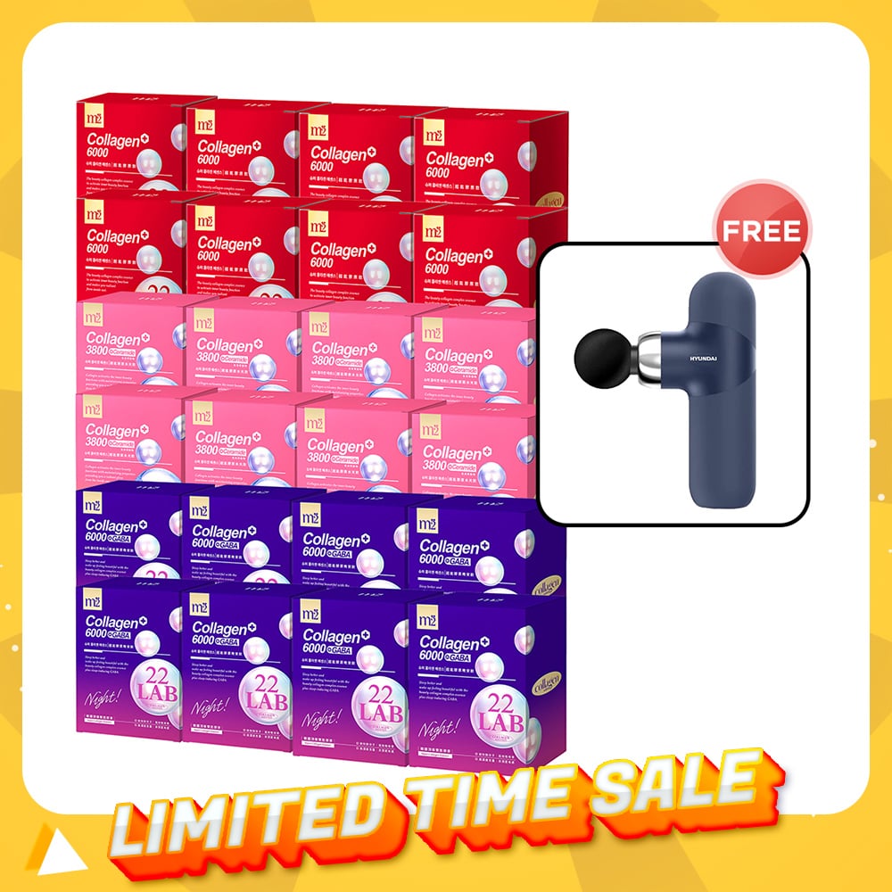 【Bundle of 24】M2 22Lab Super Collagen Drink (6000mg 8s / Night + Gaba 8s / 3800+Ceramide 8s / 3800+Pearl Nest 8s) x 24 Boxes + Free Hyundai PMS-019 Mini Massage Gun