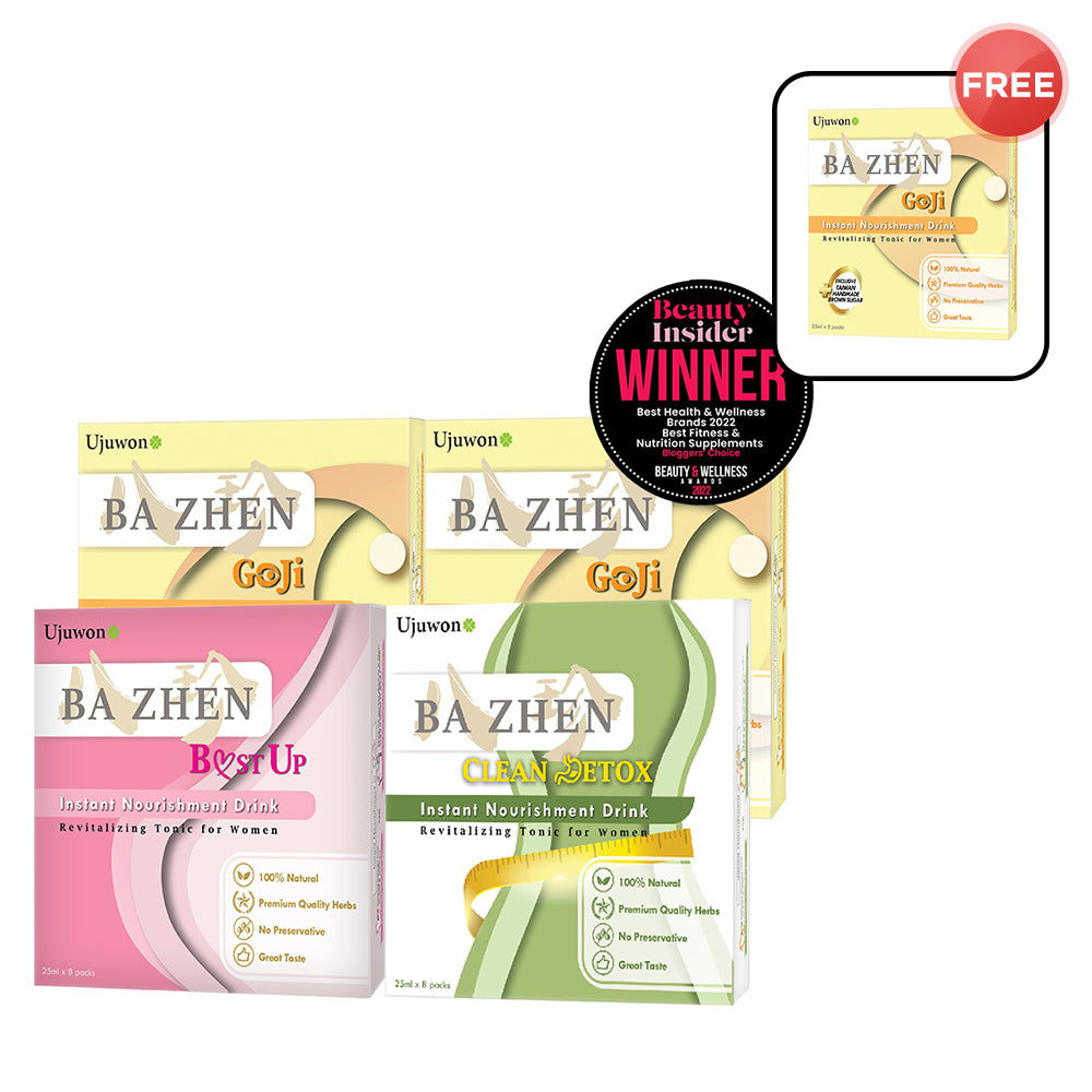 【Bundle of 4】Ujuwon Ba Zhen Goji Instant Nourishment Drink 8s x 2 Boxes + Ujuwon Ba Zhen B.ust Up Instant Nourishment Drink 8s x 1 Box + Clean Detox Instant Nourishment Drink 8s x 1 Box + Free Ba Zhen Goji Instant Nourishment Drink 8s x 1 Box