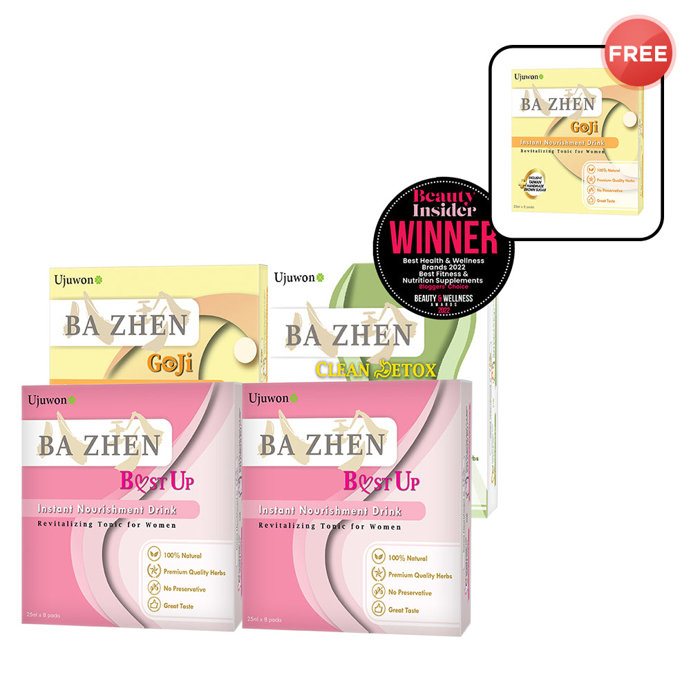 【Bundle of 4】Ujuwon Ba Zhen Goji Instant Nourishment Drink 8s x 1 Box + Ujuwon Ba Zhen B.ust Up Instant Nourishment Drink 8s x 2 Boxes + Clean Detox Instant Nourishment Drink 8s x 1 Box + Free Ba Zhen Goji Instant Nourishment Drink 8s x 1 Box