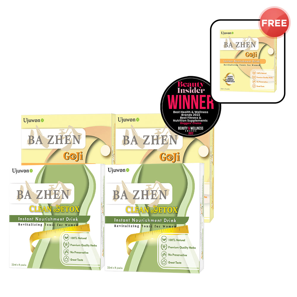 【Bundle of 4】Ujuwon Ba Zhen Goji Instant Nourishment Drink 8s x 2 Boxes + Ujuwon Ba Zhen Clean Detox Instant Nourishment Drink 8s x 2 Boxes + Free Ba Zhen Goji Instant Nourishment Drink 8s x 1 Box