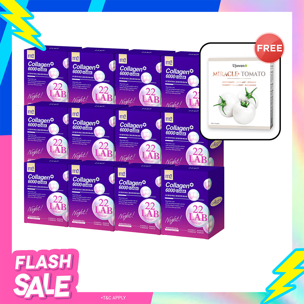 【Flash Sale】M2 22LAB Super Collagen Night Drink + GABA 8s x 12 Boxes + Free Ujuwon Miracle+ Tomato Skin Booster x 1 Box