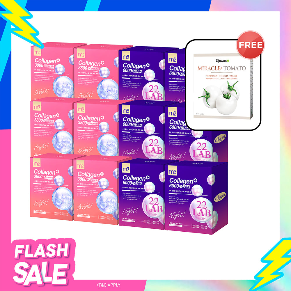 【Flash Sale】M2 22LAB Super Collagen Night Drink + GABA 8s x 6 Boxes + M2 Super Collagen 3800 + Ceramide Drink 8s x 6 Boxes + Free Ujuwon Miracle+ Tomato Skin Booster x 1 Box