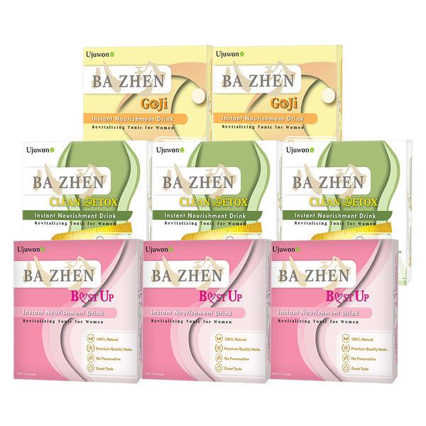 【Bundle of 8】Ujuwon Ba Zhen B.ust Up Instant Nourishment Drink 8s x 3 Boxes + Clean Detox Instant Nourishment Drink 8s x 3 Boxes + Goji Instant Nourishment Drink 8s x 2 Boxes + Free Garcinia Complex 30s