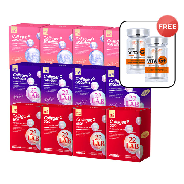 M2 22Lab Super Collagen Drink (6000mg 8s / Night + Gaba 8s / 3800+Ceramide 8s / 3800+Pearl Nest 8s) x 12 Boxes + FREE Wonderfit Vita G+ 30s x 2