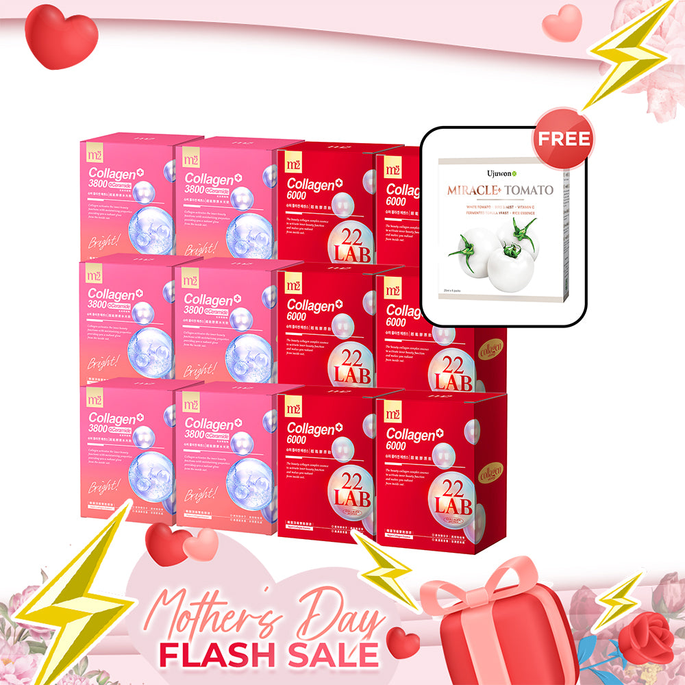 【Mother's Day Flash Sale】M2 22Lab Super Collagen Drink 8s x 6 Boxes + M2 Super Collagen 3800 + Ceramide Drink 8s x 6 Boxes + Free Ujuwon Miracle+ Tomato Skin Booster x 1 Box