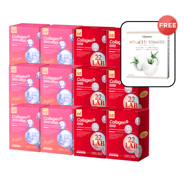 【Flash Sale】M2 22Lab Super Collagen Drink 8s x 6 Boxes + M2 Super Collagen 3800 + Ceramide Drink 8s x 6 Boxes + Free Ujuwon Miracle+ Tomato Skin Booster x 1 Box