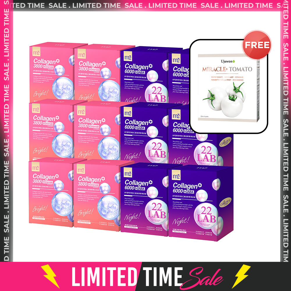 【Flash Sale】M2 22LAB Super Collagen Night Drink + GABA 8s x 6 Boxes + M2 Super Collagen 3800 + Ceramide Drink 8s x 6 Boxes + Free Ujuwon Miracle+ Tomato Skin Booster x 1 Box