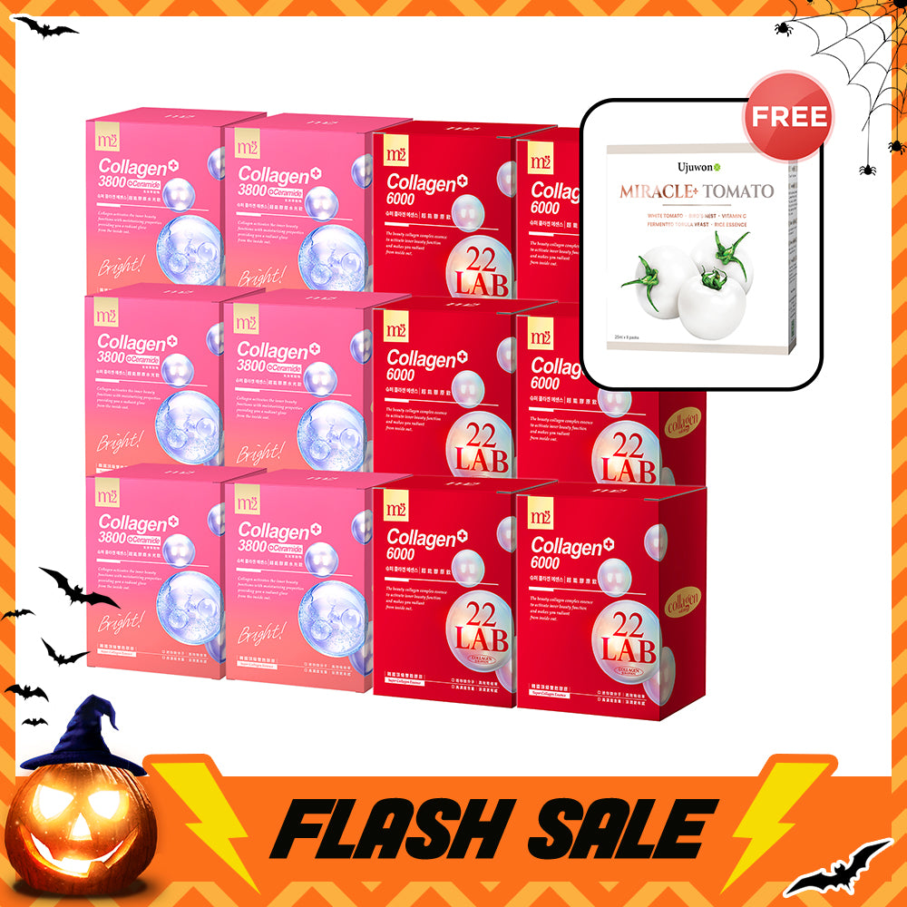 【Flash Sale】M2 22Lab Super Collagen Drink 8s x 6 Boxes + M2 Super Collagen 3800 + Ceramide Drink 8s x 6 Boxes + Free Ujuwon Miracle+ Tomato Skin Booster x 1 Box