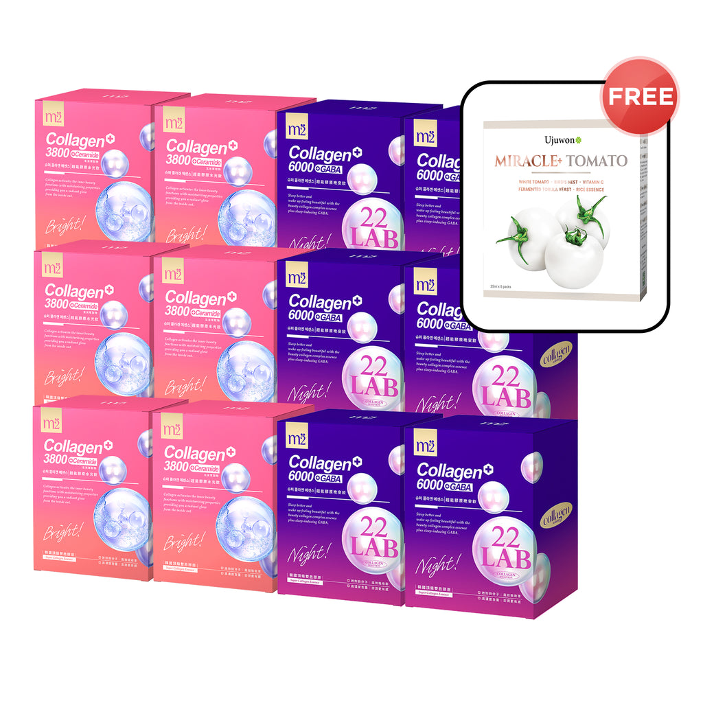 【Flash Sale】M2 22LAB Super Collagen Night Drink + GABA 8s x 6 Boxes + M2 Super Collagen 3800 + Ceramide Drink 8s x 6 Boxes + Free Ujuwon Miracle+ Tomato Skin Booster x 1 Box